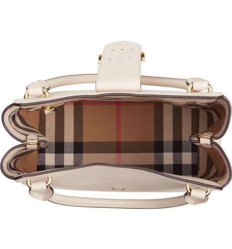 Burberry Women's Maidstone Ivory Leather Buckle Handbag Large Check Strap Best Deal in USA